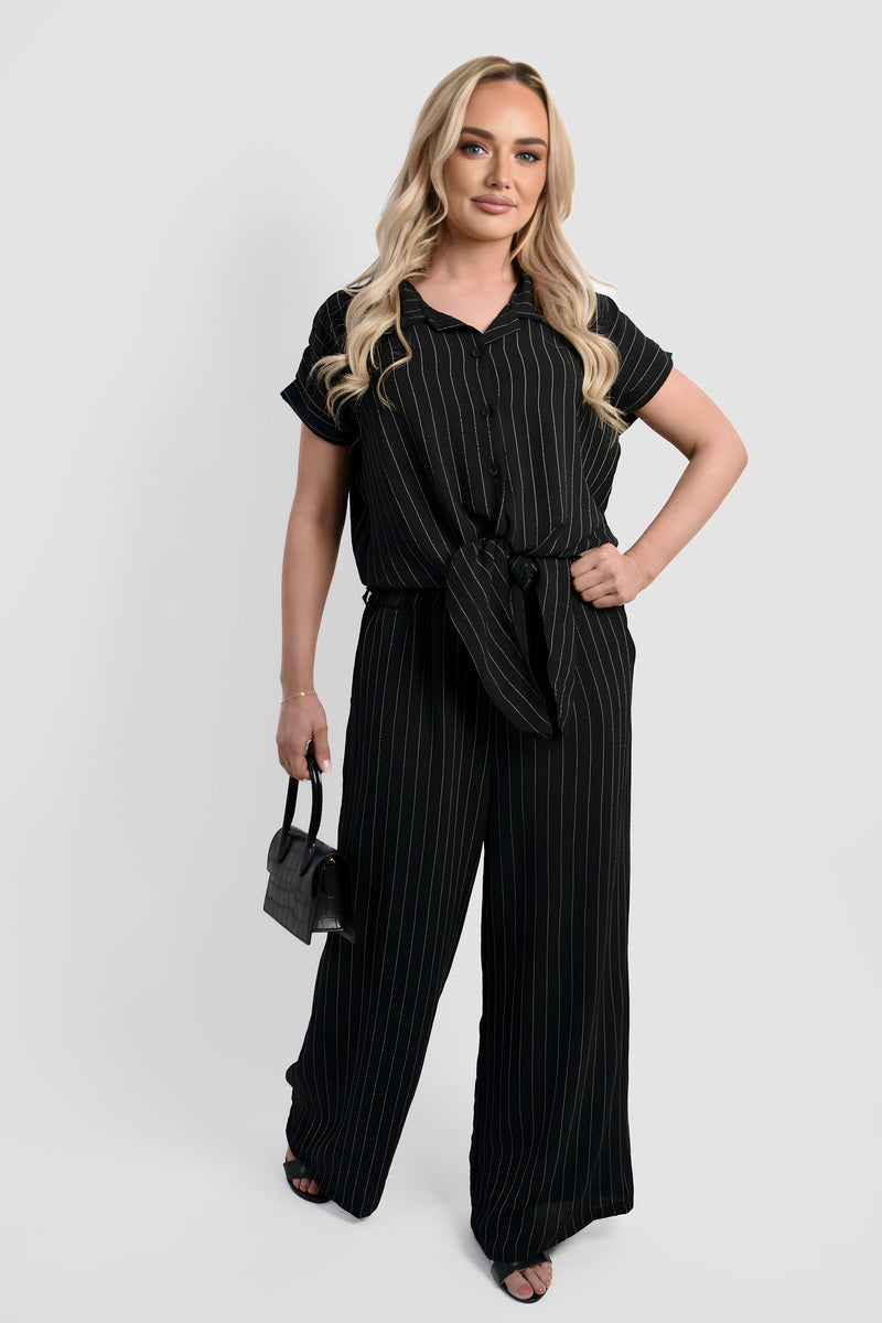 Striped Button Down Tie Front Top and Trouser Co-ord Set Moda