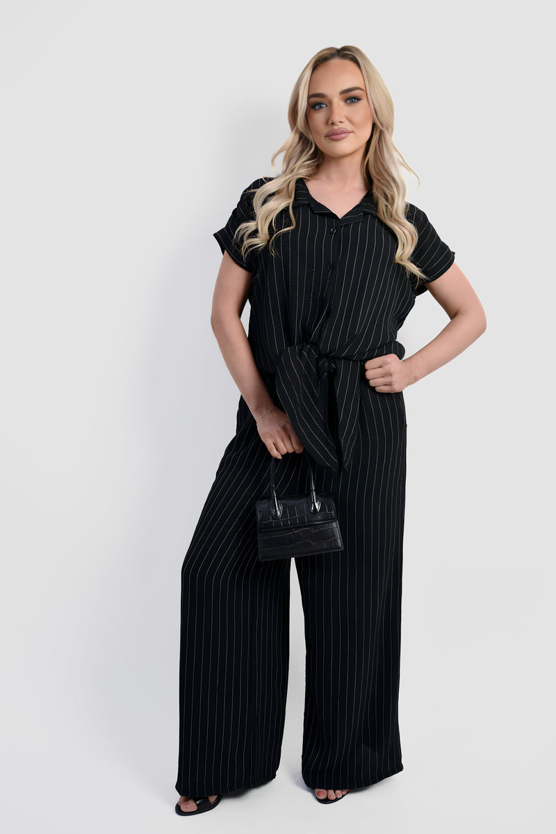 Striped Button Down Tie Front Top and Trouser Co-ord Set Moda