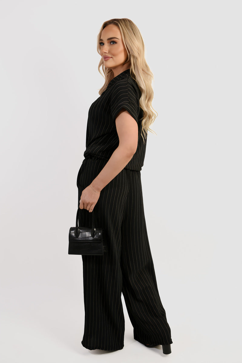 Striped Button Down Tie Front Top and Trouser Co-ord Set Moda