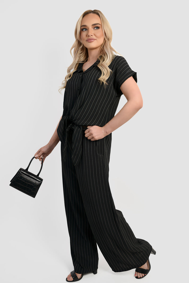 Striped Button Down Tie Front Top and Trouser Co-ord Set Moda