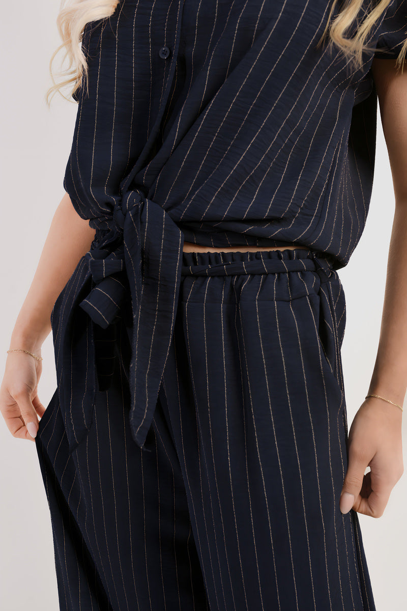 Striped Button Down Tie Front Top and Trouser Co-ord Set Moda