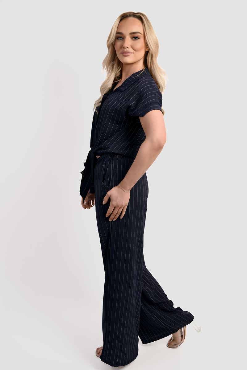 Striped Button Down Tie Front Top and Trouser Co-ord Set Moda