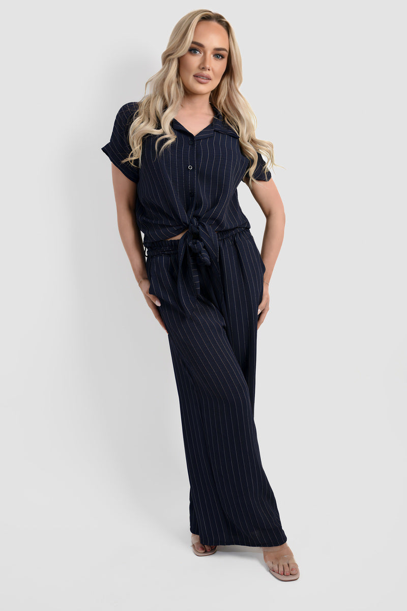 Striped Button Down Tie Front Top and Trouser Co-ord Set Moda
