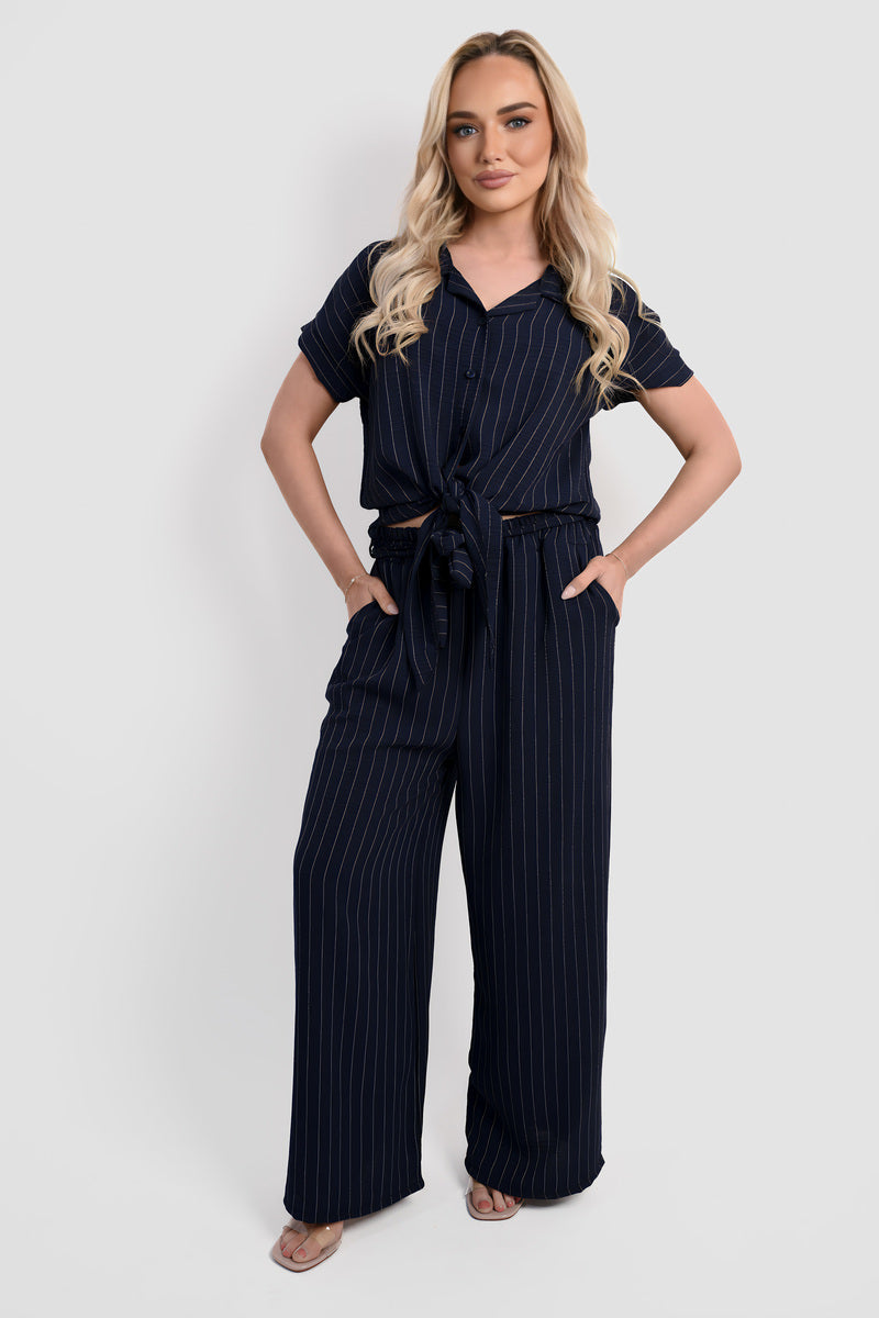 Striped Button Down Tie Front Top and Trouser Co-ord Set Moda