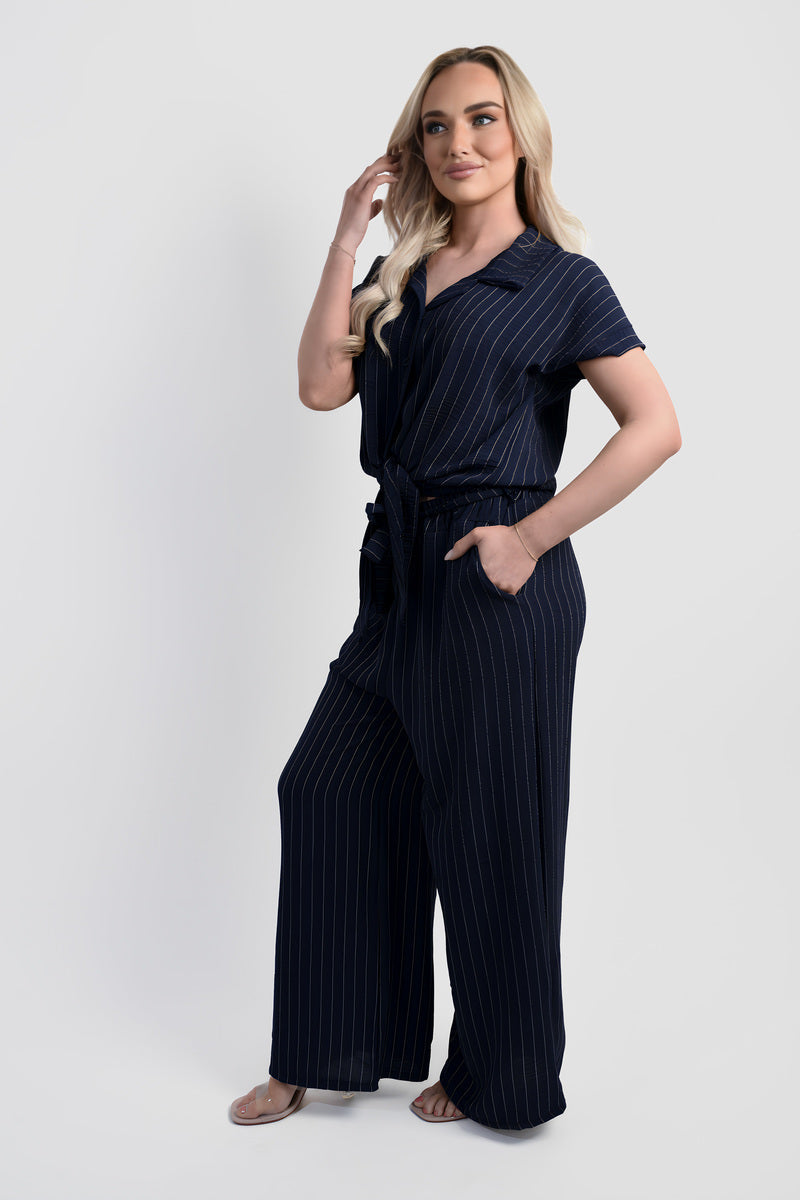 Striped Button Down Tie Front Top and Trouser Co-ord Set Moda