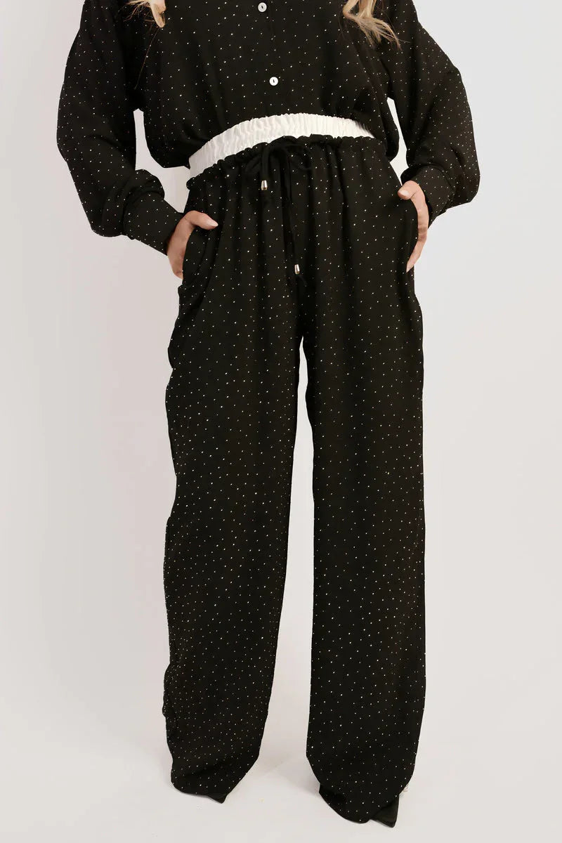 Embellished Drawstring Wide Leg Trousers - Relaxed Fit - Shello's Creative Boutique