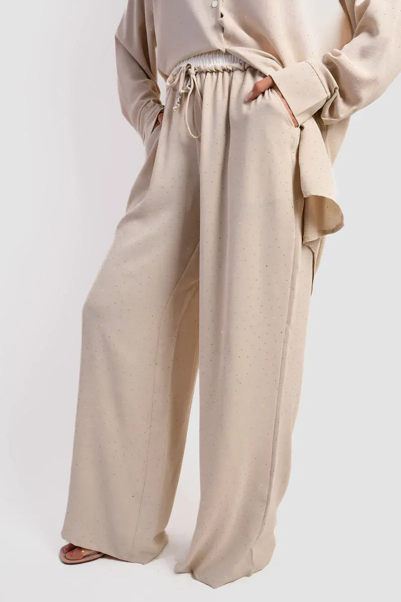 Embellished Drawstring Wide Leg Trousers - Relaxed Fit - Shello's Creative Boutique