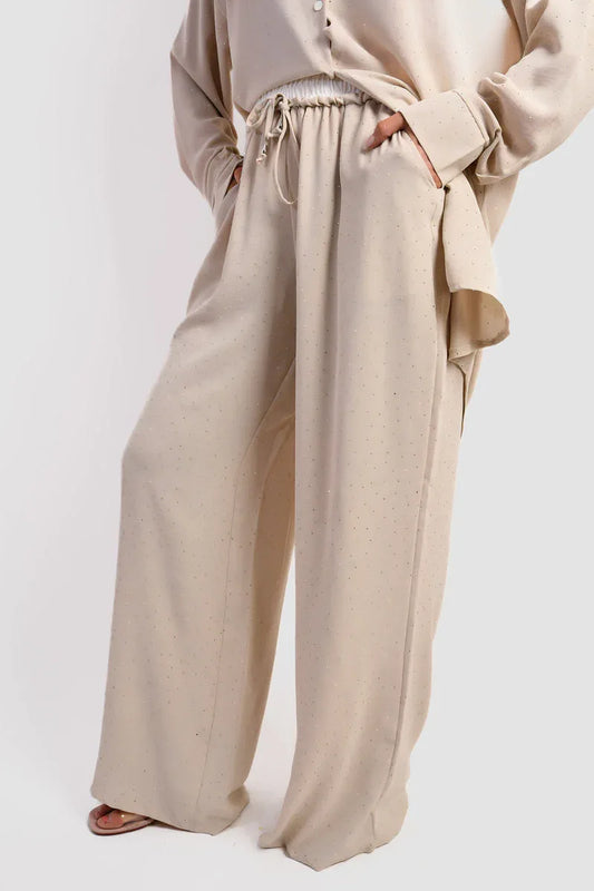 Embellished Drawstring Wide Leg Trousers - Relaxed Fit - Shello's Creative Boutique