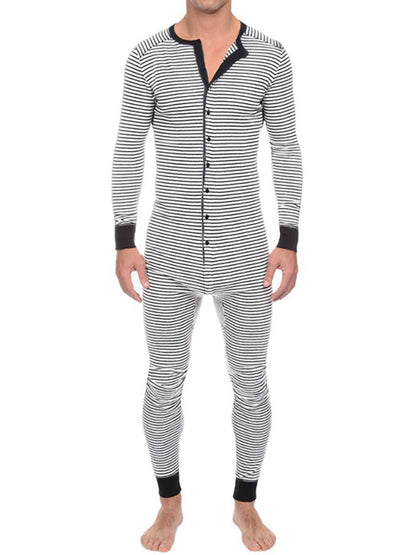 Men's Slim Striped Print Crew Neck Button Long Sleeve Trousers One Piece Pajama Shello's Creative Boutique