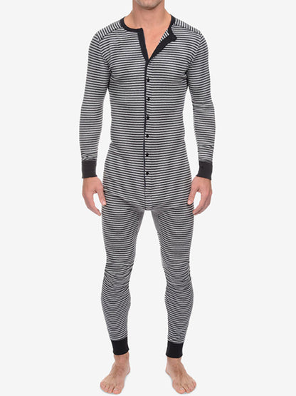 Men's Slim Striped Print Crew Neck Button Long Sleeve Trousers One Piece Pajama Shello's Creative Boutique
