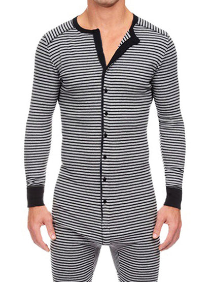 Men's Slim Striped Print Crew Neck Button Long Sleeve Trousers One Piece Pajama Shello's Creative Boutique