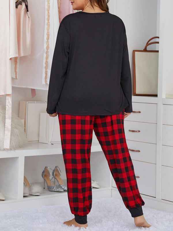 Plus Size Women's Long Sleeve Plaid Trousers Home Pajamas Set - Spring/Summer Comfort