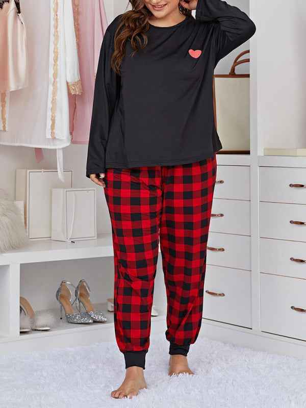 Plus Size Women's Long Sleeve Plaid Trousers Home Pajamas Set - Spring/Summer Comfort