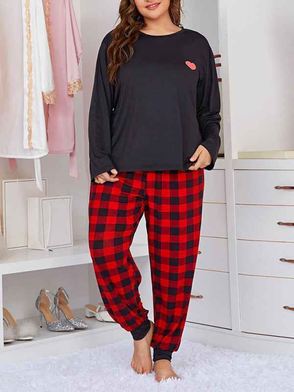 Plus Size Women's Long Sleeve Plaid Trousers Home Pajamas Set - Spring/Summer Comfort