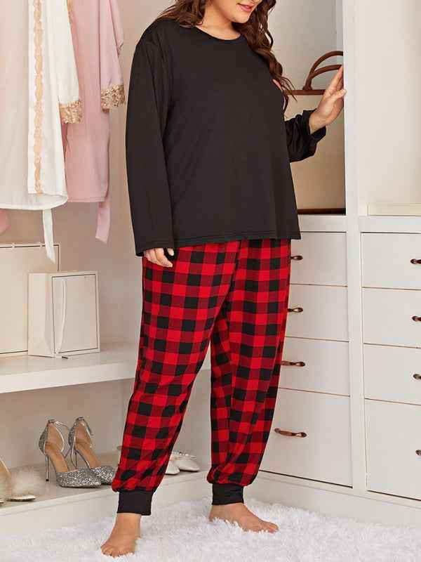 Plus Size Women's Long Sleeve Plaid Trousers Home Pajamas Set - Spring/Summer Comfort