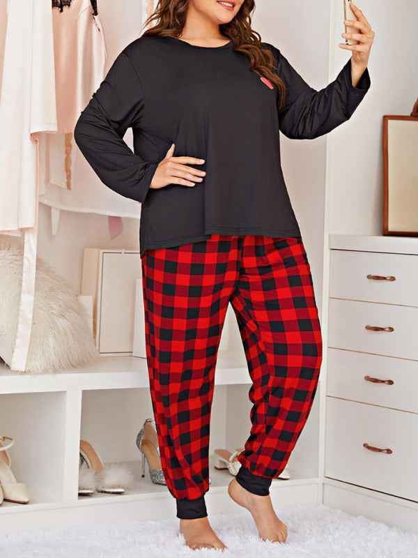Plus Size Women's Long Sleeve Plaid Trousers Home Pajamas Set - Spring/Summer Comfort