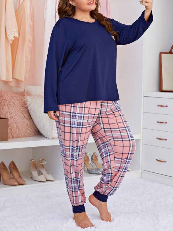 Plus Size Women's Long Sleeve Plaid Trousers Home Pajamas Set - Spring/Summer Comfort