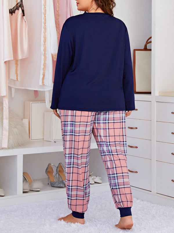 Plus Size Women's Long Sleeve Plaid Trousers Home Pajamas Set - Spring/Summer Comfort