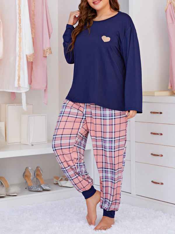 Plus Size Women's Long Sleeve Plaid Trousers Home Pajamas Set - Spring/Summer Comfort
