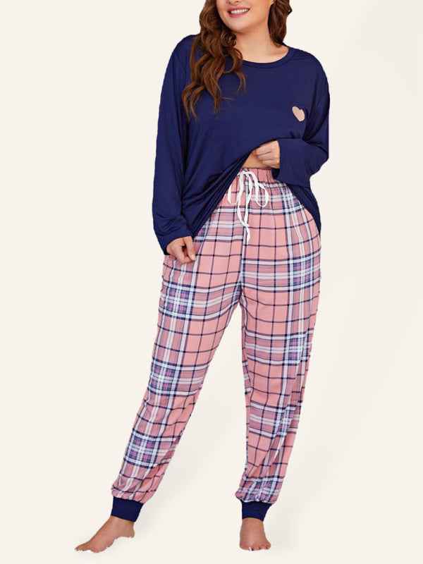 Plus Size Women's Long Sleeve Plaid Trousers Home Pajamas Set - Spring/Summer Comfort