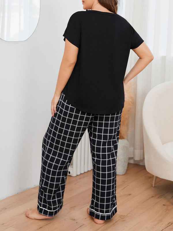 Plus Size Women's V Neck Short Sleeve T-Shirt Plaid Trousers Home Pajamas Set - Relaxed Elegance for Spring-Summer