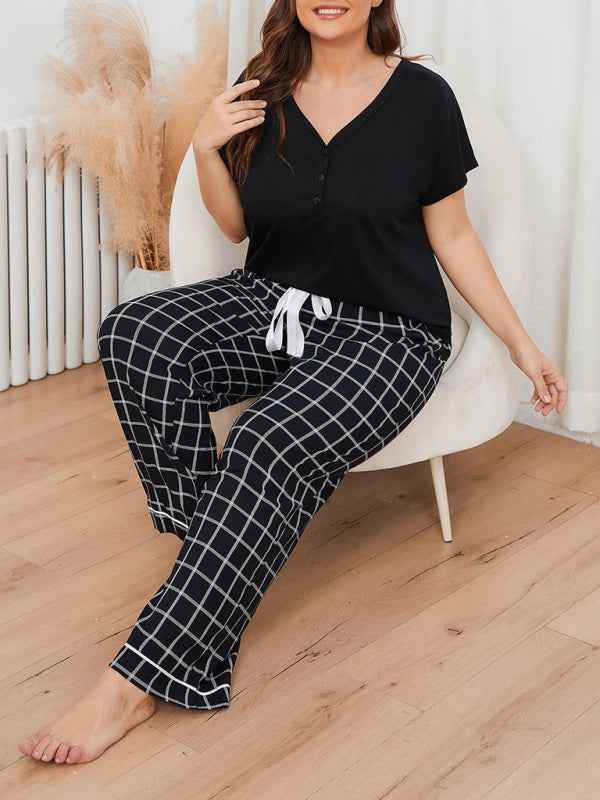 Plus Size Women's V Neck Short Sleeve T-Shirt Plaid Trousers Home Pajamas Set - Relaxed Elegance for Spring-Summer