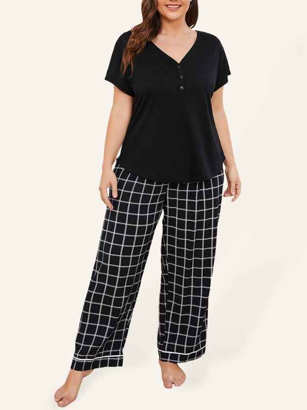 Plus Size Women's V Neck Short Sleeve T-Shirt Plaid Trousers Home Pajamas Set - Relaxed Elegance for Spring-Summer