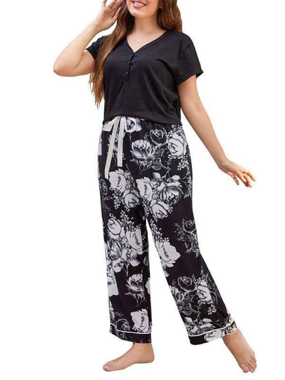 Plus Size Pajamas Set for Women - V Neck Short Sleeve T-Shirt and Floral Trousers Home Outfit - Shello's Creative Boutique