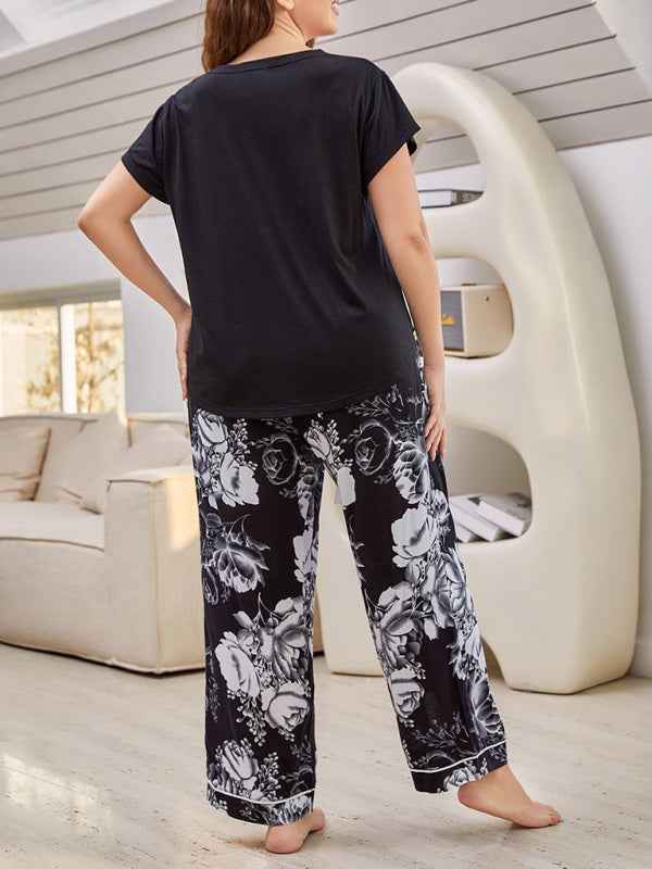 Plus Size Women's V Neck Short Sleeve T-Shirt Floral Trousers Home Pajamas Set - Comfort Meets Style