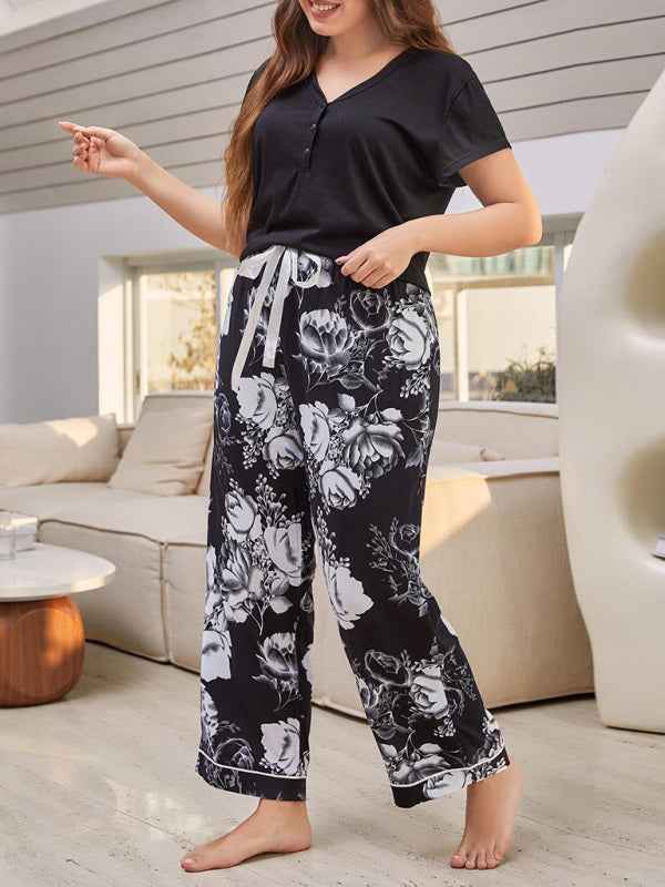Plus Size Women's V Neck Short Sleeve T-Shirt Floral Trousers Home Pajamas Set - Comfort Meets Style