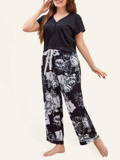Plus Size Pajamas Set for Women - V Neck Short Sleeve T-Shirt and Floral Trousers Home Outfit - Shello's Creative Boutique