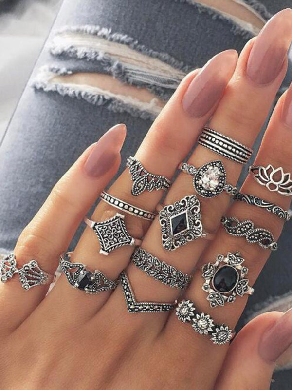 Jewelry 15-piece ring personality hollow lotus sunflower geometric black stone set ring Shello's Creative Boutique
