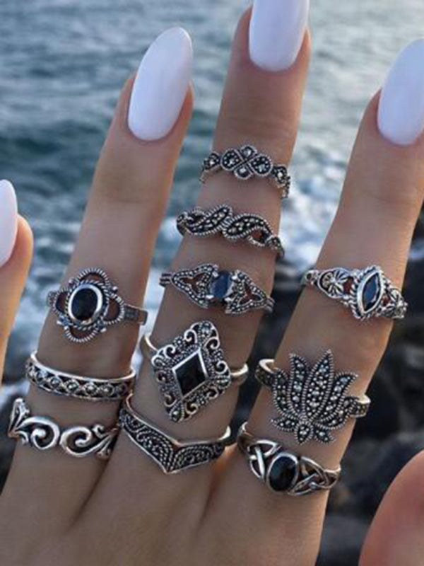 Jewelry 15-piece ring personality hollow lotus sunflower geometric black stone set ring Shello's Creative Boutique