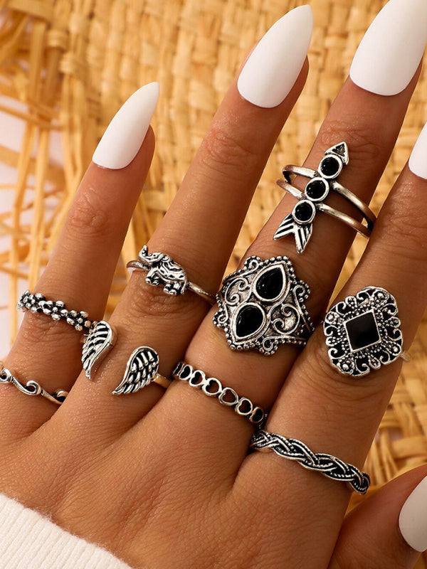 Jewelry 15-piece ring personality hollow lotus sunflower geometric black stone set ring Shello's Creative Boutique