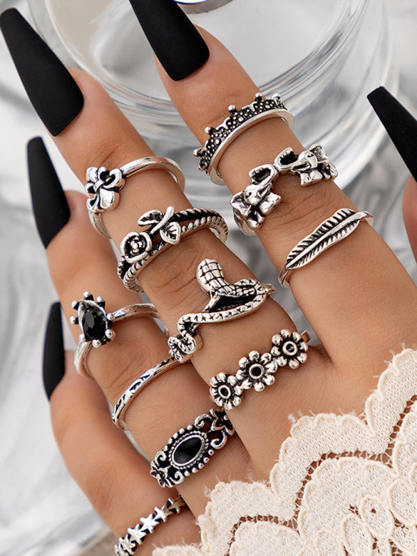 Jewelry 15-piece ring personality hollow lotus sunflower geometric black stone set ring Shello's Creative Boutique