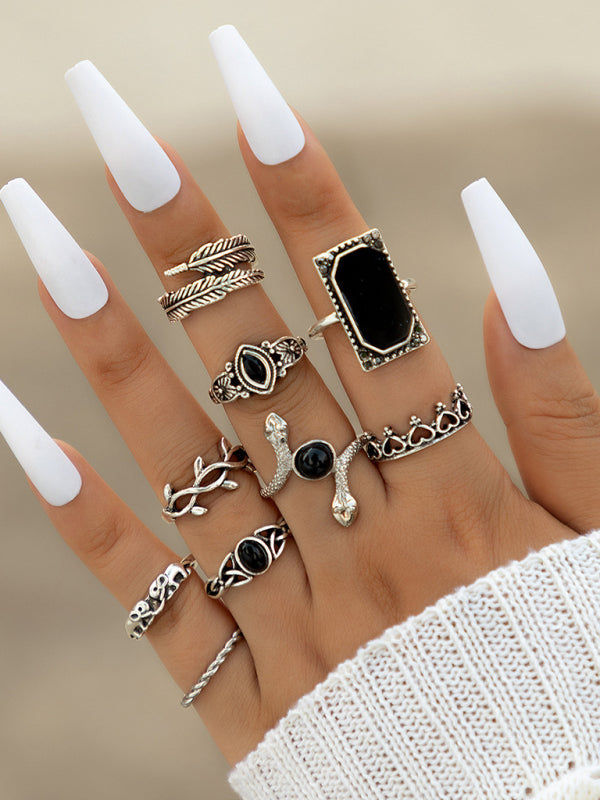 Jewelry 15-piece ring personality hollow lotus sunflower geometric black stone set ring Shello's Creative Boutique