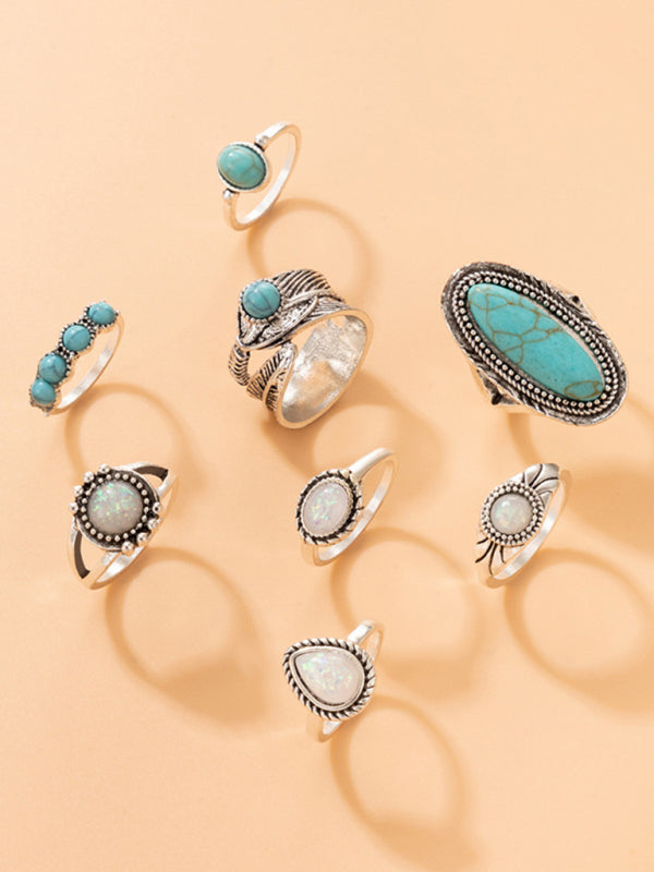 Ethnic style retro inlaid turquoise carved feather ring fashion 8-piece combination ring set Shello's Creative Boutique