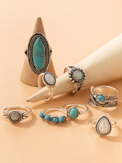 Ethnic Turquoise Feather Ring Set - Retro Inlaid Carved 8-Piece Combination Rings - Shello's Creative Boutique
