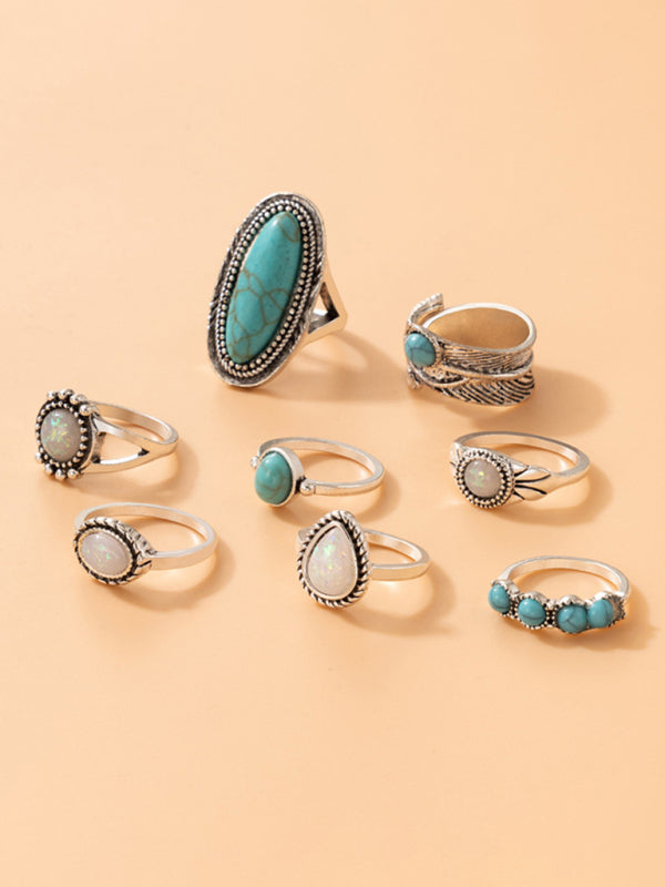 Ethnic style retro inlaid turquoise carved feather ring fashion 8-piece combination ring set Shello's Creative Boutique