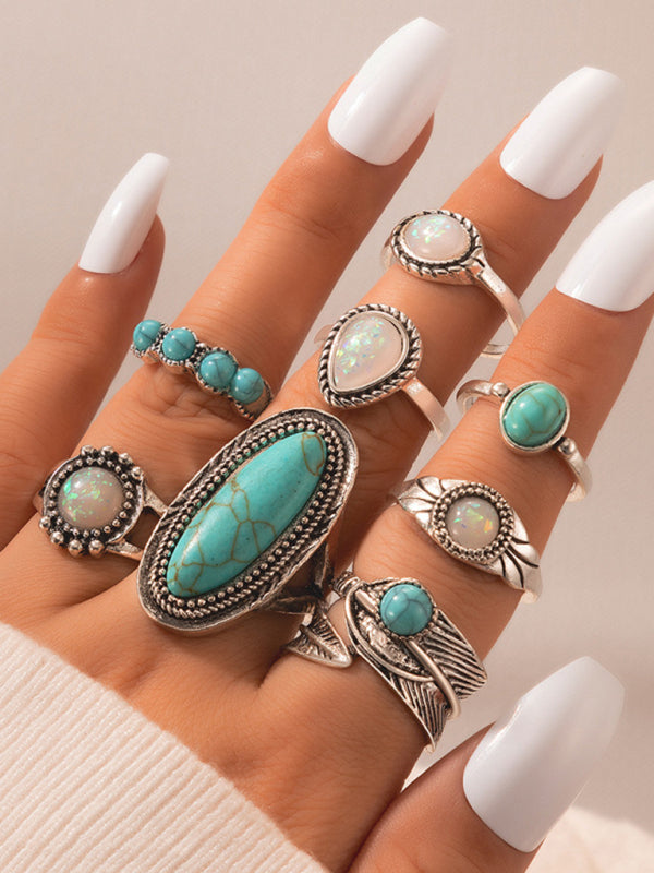 Ethnic style retro inlaid turquoise carved feather ring fashion 8-piece combination ring set Shello's Creative Boutique