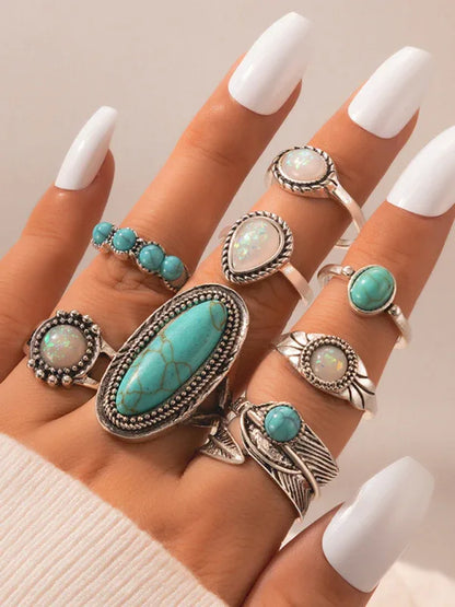 Ethnic Turquoise Feather Ring Set - Retro Inlaid Carved 8-Piece Combination Rings - Shello's Creative Boutique