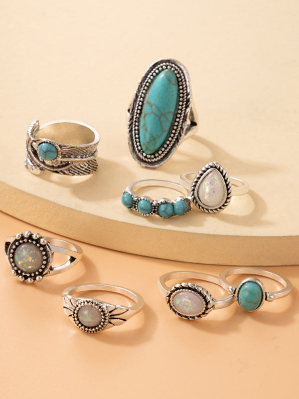 Ethnic style retro inlaid turquoise carved feather ring fashion 8-piece combination ring set Shello's Creative Boutique
