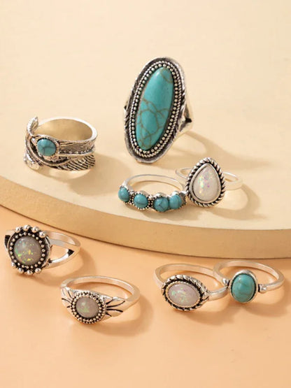 Ethnic Turquoise Feather Ring Set - Retro Inlaid Carved 8-Piece Combination Rings - Shello's Creative Boutique