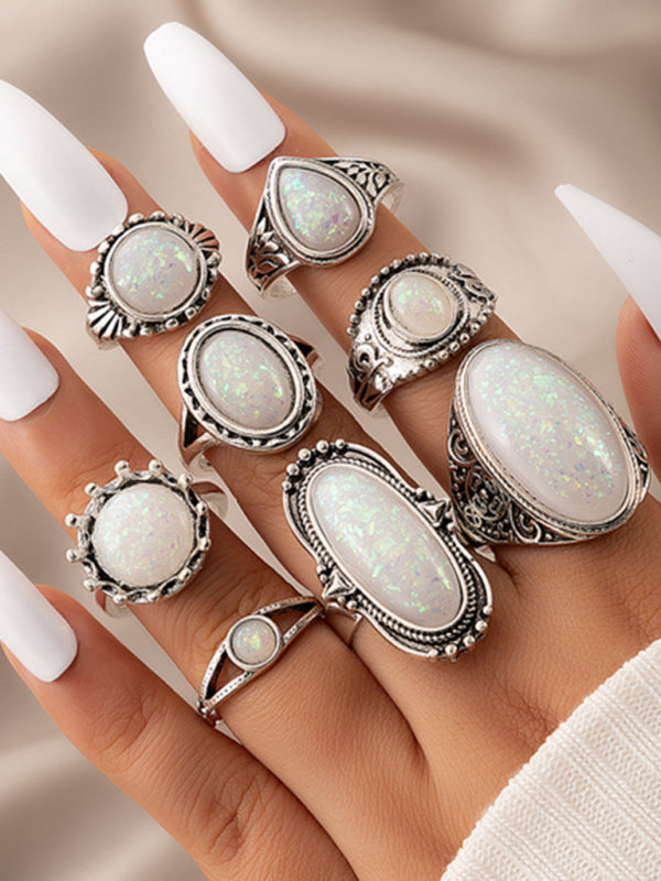 Ethnic style retro inlaid turquoise carved feather ring fashion 8-piece combination ring set Shello's Creative Boutique