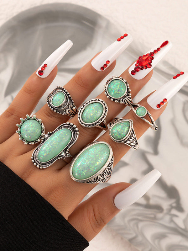 Ethnic style retro inlaid turquoise carved feather ring fashion 8-piece combination ring set Shello's Creative Boutique