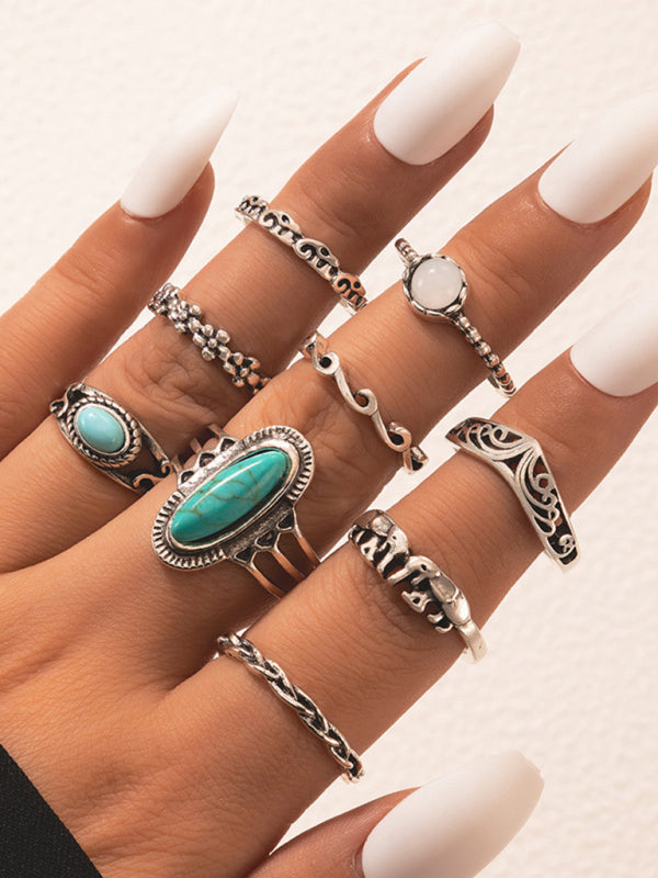 Ethnic style retro inlaid turquoise carved feather ring fashion 8-piece combination ring set Shello's Creative Boutique