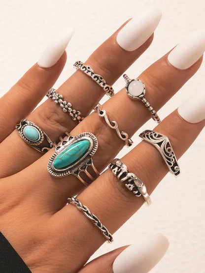 Ethnic Turquoise Feather Ring Set - Retro Inlaid Carved 8-Piece Combination Rings - Shello's Creative Boutique
