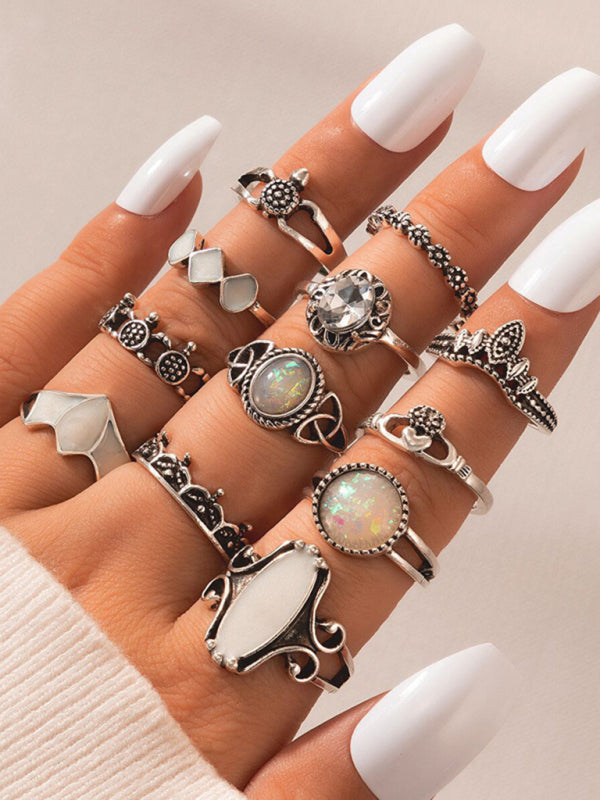 Ethnic style retro inlaid turquoise carved feather ring fashion 8-piece combination ring set Shello's Creative Boutique