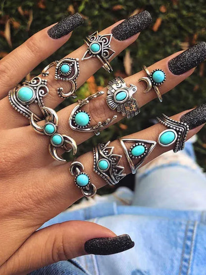 Ethnic Turquoise Feather Ring Set - Retro Inlaid Carved 8-Piece Combination Rings - Shello's Creative Boutique
