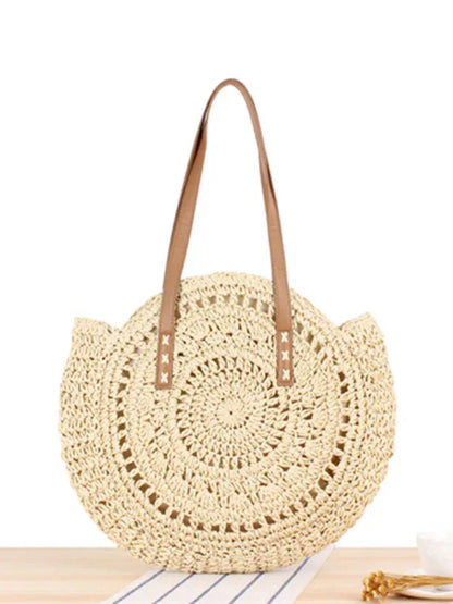 Round Straw Woven Beach Bag - Fashionable Women's Shoulder Bag - Shello's Creative Boutique